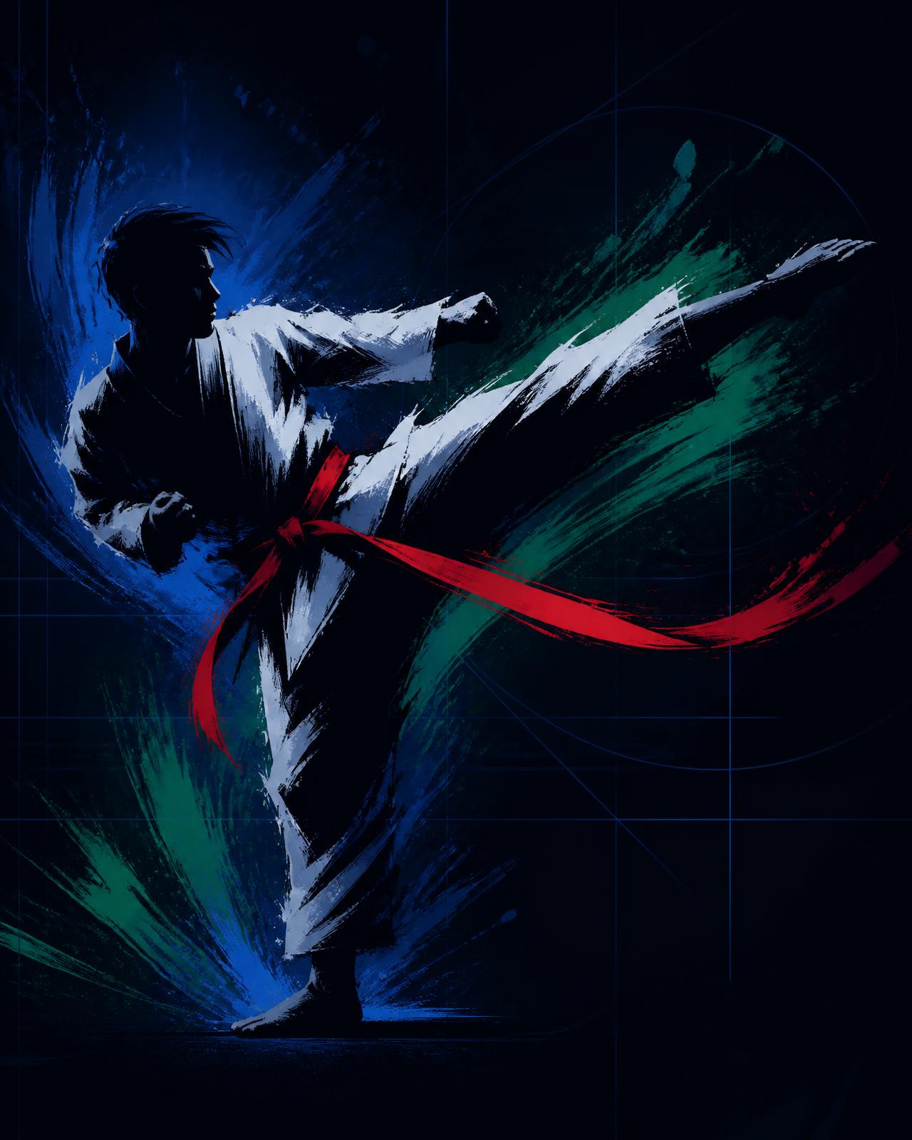 Illustrated Taekwon-Do side kick artwork in club colours
