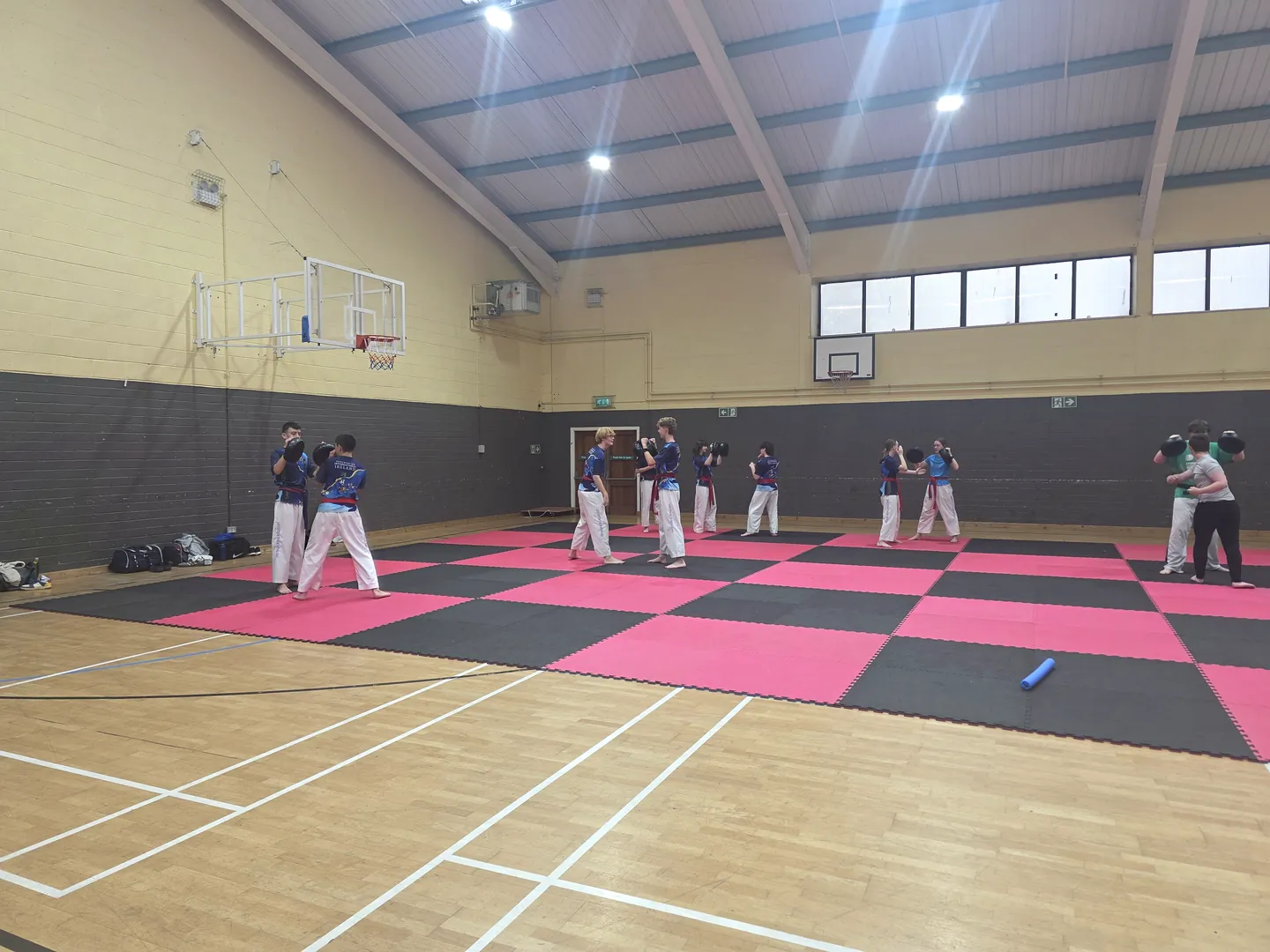 Taekwon-Do students practising partner drills during an Enniscorthy class